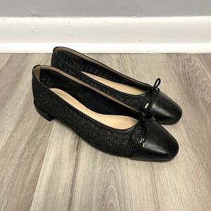 Stuart Weitzman Flats Women's 6.5 Black Glitter Leather Cap Toe Bow Ballet‎ NEW